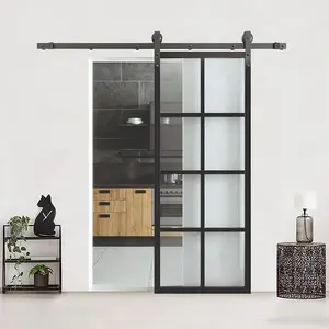 Rustic French Style Interior Steel Framed Glass Barn Door Sliding Door With Hardware System