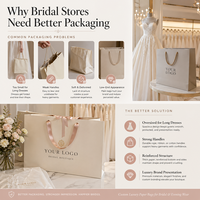 Sac de robe de mariée en carton ivoire avec poignée en ruban de satin de luxe et autocollants en papier de soie personnalisés pour boutique de mariée