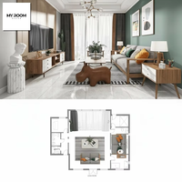 Conception d'intérieur postmoderne, écologique et durable, rendu 3D pour salon, chambre, salle à manger et cuisine résidentiels