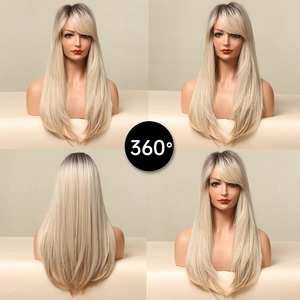 Perruques synthétiques longues et droites Ombré Brun Blond avec frange, perruque de cosplay pour femmes, cheveux naturels résistants à la chaleur - Product Image 5