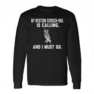Maglietta a maniche lunghe con stampa Western Screech Owl Calling, regalo per gli amanti degli uccelli - Product Image 2