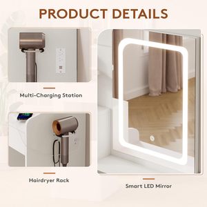 SENYU Small <b>Vanity</b> Set with <b>Lighted</b> Mirror & Power Station Modern White <b>Makeup</b> Desk with Storage Stool &Hair Dryer Rack - Product Image 5