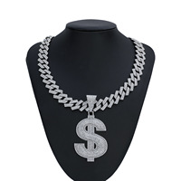 Nouvel Arrivage Collier Bling Hip Hop avec Pendentif Symbole Dollar en Alliage Entièrement Sertie de Strass et Chaîne Cubaine 14MM, Vente en Gros