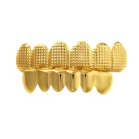 Grilles dentaires hip-hop à rayures en treillis, six dents, dents dorées, accessoires de dentiers de vampire pour Halloween