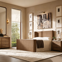 Ensemble complet de chambre principale de villa de luxe : Tapis contemporain personnalisé en laine et soie, lampe de table, cadre de lit en bois, table de chevet fermée