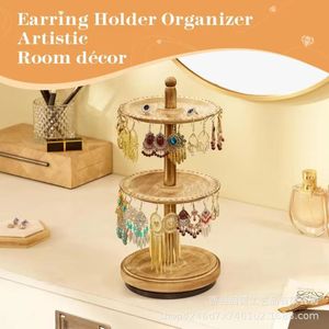 Wooden Rotating Jewelry Display Rack 2 Tier <b>Desktop</b> Storage For Earrings And Drop Jewelry Organizers - Product Image 5