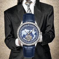Montre mécanique automatique de luxe avec cadran lumineux carte du monde, lunette en cristal, cœur ouvert, bracelet en cuir de vachette 20 mm, boîtier en acier inoxydable