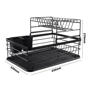 2 Tiers Detachable Dish Drying Rack Black Dish Storage Rack with Drawer