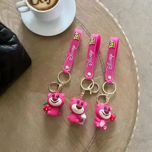 Hersteller 3D PVC Kunststoff Kinder niedlichen Cartoon Designer Auto Schlüssel anhänger Ring Spielzeug Schlüssel ring Erdbeer bär Schlüssel bund