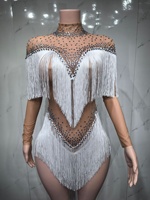 Body sexy en résille transparente noire avec strass et franges, tenue de scène pour chanteuse, danseuse, spectacle, fête, soirée, club