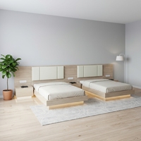 Ensemble de mobilier d'hôtel moderne en panneaux mélaminés imitation bois avec éclairage d'ambiance LED et base flottante, pour chambre double, projet personnalisé 3-5 étoiles