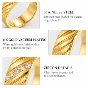 Anillo de Zirconia con Diseño Acanalado, Acero Inoxidable, Chapado en Oro de 14K al Vacío, Anillo Cerrado con Detalle Diagonal - Product Image 3