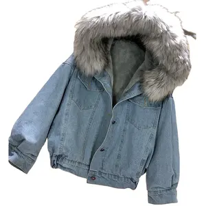 wholesale ladies coat jean women denim jacket with fur