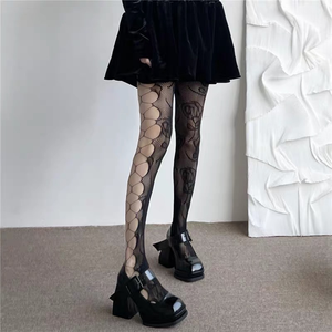 Collants transparents en soie imprimés sur mesure pour femmes, chaussettes hautes ajourées noires sexy et matures - Product Image 2
