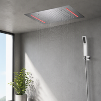 Kit de douche de luxe à LED bidirectionnel finition chromée design moderne 360*500mm avec système de mitigeur thermostatique encastré à effet pluie, installation facile
