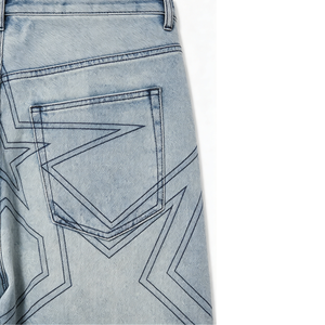 Jean baggy taille mi-haute en denim avec motifs étoiles, bleu clair délavé, coupe large, pour un style streetwear hip-hop - Product Image 6