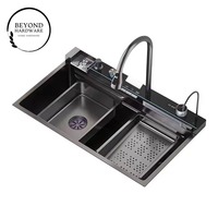 Évier de cuisine 304 intelligent en acier inoxydable multifonctionnel grand bol unique pour hôtels et vaisselle en noir