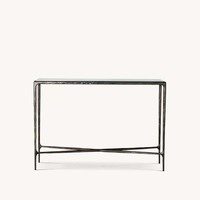 Table console élégante et moderne avec plateau en verre, cadre en métal forgé à la main bronze antique, traverse en X pour entrée, ancrage domestique, personnalisable OEM