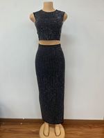 HANOU Ensemble jupe deux pièces d'été, haut court sexy, taille haute, coupe portefeuille, fendue, mi-longue, style industriel, orné de strass