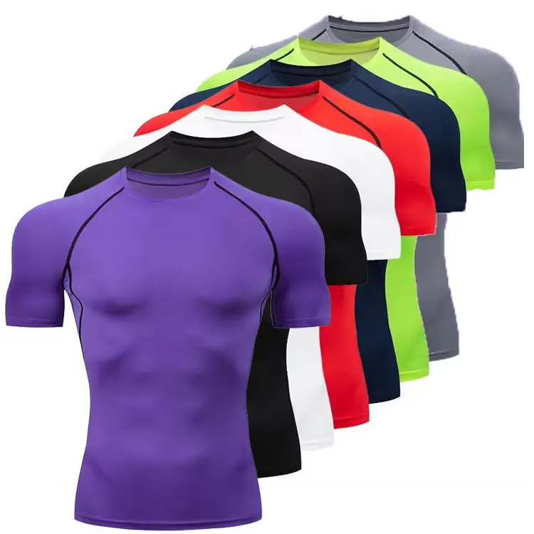 Camisetas deportivas de compresión de secado rápido para hombre de alta elasticidad, camiseta de manga corta, ropa de gimnasio, camisetas lisas ajustadas de entrenamiento transpirable