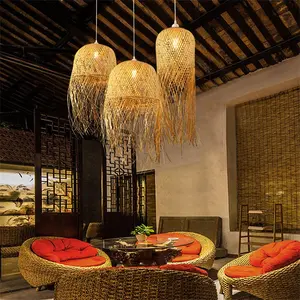 Candelabro de bambú natural, candelabro tejido rústico, lámparas de techo de ratán, candelabro creativo, lámpara artesanal