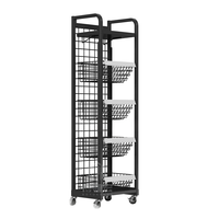 Étagère de présentation noire pour épicerie avec roulettes et paniers métalliques pour les zones de caisse et de promotion