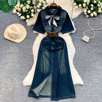 Robe en jean décontractée pour femme WIWT à manches courtes, coupe trapèze, avec ceinture et nœud décoratif, pour le quotidien