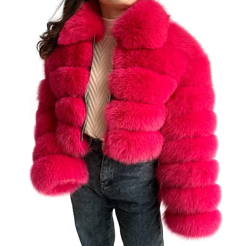 Hot Pink Frauen Winter Pelzmantel Hochwertige Crop Fur Jacke Kurzer Turn-Down Kragen Frauen Fox Pelzmantel