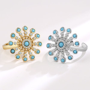 Rotate Sunflower <b>Adjustable</b> <b>Rings</b> Bezel Set Turquoise Stone Zircon Copper Gold Plated Statement Anxiety Relief Jewelry For Women - Product Image 4