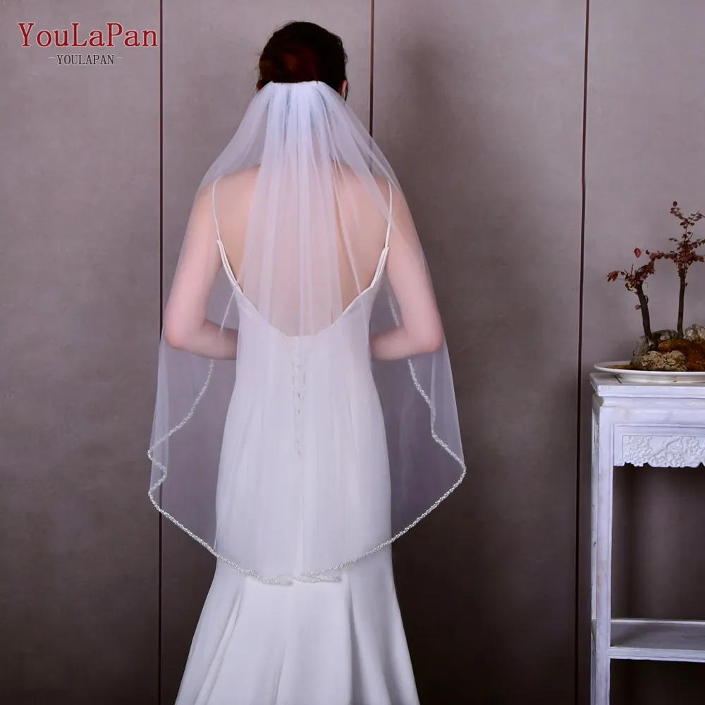 YouLaPan V156 Beaded Girls Communion Veil Short Soft Single Layer Comb Boho Bridal Veil Floor Length Cathedral Wedding Veil