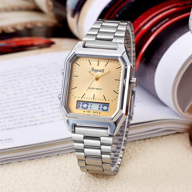 Simple Vintage Quartz Watch Rectangular case Alloy Band Dual Display Analogue Digital Small Silver Man Watch LW33