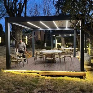 Pavillon en aluminium à toit motorisé réglable, pergola électrique imperméable à la pluie avec lumières LED à intensité variable - Product Image 5