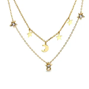 Joacii 925 Sterling Silver 14K Gold Plated Zircon Sequins Double Layer Star And Moon Necklace