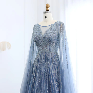 Robes de soirée de luxe grises et vertes arabes grande taille avec manches cape bleues et roses élégantes pour femmes, fête de mariage LSZ005-1 - Product Image 3