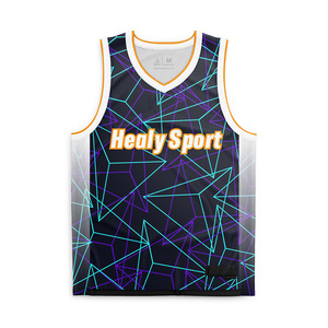 Maillot de basket sportif élégant Healy, col en V, sans manches, en mesh, imprimé géométrique sublimé, unisexe, adulte, respirant, toutes saisons - Product Image 1