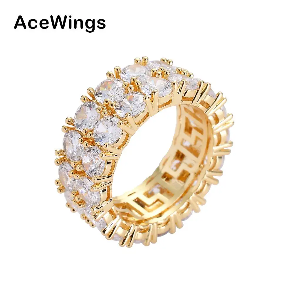R010 Двухрядное мужское кольцо латунь золотой серебряный цвет кубический циркон ледяное кольцо модные хип-хоп ювелирные изделия