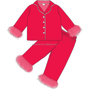 بيجامات بنات، ملابس نوم للأطفال الصغار بياقة، بيجامة أطفال بلون سادة للبيع بالجملة، طقم بيجامة من قطعتين للفتيات مع حواف من الريش - Product Image 3