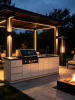Barbecue pliant au gaz naturel à 5 brûleurs, plaque latérale à 2 brûleurs, acier inoxydable, montage facile, design compact, plan de travail en marbre noir