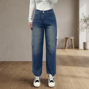 2023 New Fashion Ladies Baggy Denim Pant Stretch Cotton Dark Wash Straight 3D Trendy <b>Cheap</b> Price Bangladesh Jeans - Product Image 3