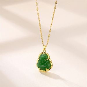 Collier en acier inoxydable plaqué or avec chaîne à maillons, pendentif Bouddha rieur en jade vert naturel, collier religieux Maitreya - Product Image 4