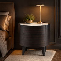 Table de chevet moderne écologique et durable avec plateau en pierre frittée, placage bois, 2 tiroirs, finition espresso fumé, rails à fermeture douce, pour hôtel