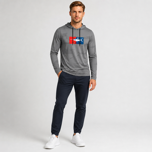 Men's Gray <b>Long</b> <b>Sleeve</b> Hooded Fishing Shirt UPF 50 Quick Dry Pullover <b>Top</b> with Fish Logo Print - Product Image 1