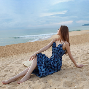 Đầm in hoa màu xanh lam Phong cách Pháp Hoa dại Hoa tươi mát tự nhiên Phong cách nghỉ dưỡng ven biển Định hình vòng eo Giảm béo Đầm thanh lịch - Product Image 2