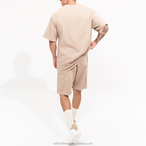 T-Shirt e Shorts <span class=keywords><strong>Beige</strong></span> Vintage oversize da <span class=keywords><strong>uomo</strong></span> in cotone Vintage leggero e leggero estivo personalizzato <span class=keywords><strong>tuta</strong></span> da ginnastica 2 pezzi - Product Image 5