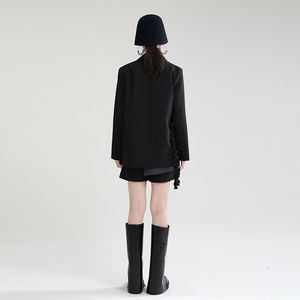 Traje negro con cuentas de flores de moda, chaqueta de mujer sólida de retazos con abertura lateral - Product Image 6