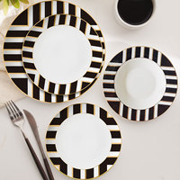 Services de vaisselle en porcelaine fine rayée noir et blanc avec bordure en or véritable, compatibles lave-vaisselle, comprenant assiettes plates et saladiers