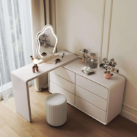 Coiffeuse moderne en bois massif de chêne avec miroir sur pied éclairé par LED et grand rangement, idéale pour chambre d'hôtel ou salon