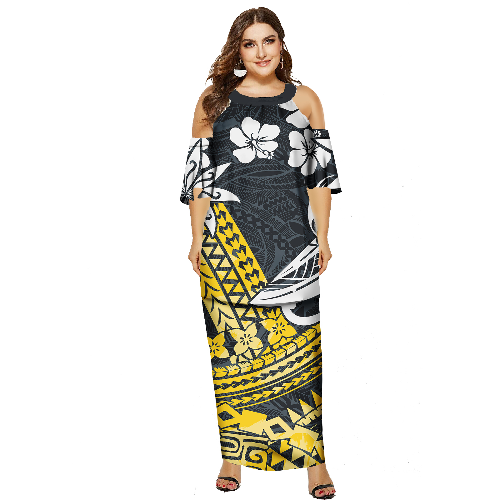pattern samoan dress designs Puletasi Short Sleeve Samoa Hawaii Gown Color:BLUE HYDRANGEA janome Yellow Chiffon High Slit The easy patterns and