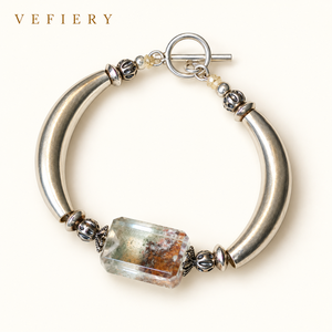 925 Sterling <b>Silver</b> Half Bangle <b>Bracelet</b> with Clear Green Phantom Quartz Centerpiece - Product Image 1