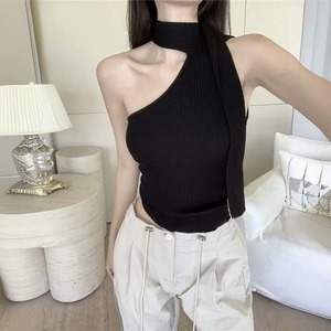 Débardeur tricoté sans manches à épaules dénudées pour femme, nouvelle collection été 2026, coupe ajustée et élégante, en polyester/coton teint en pièce - Product Image 4